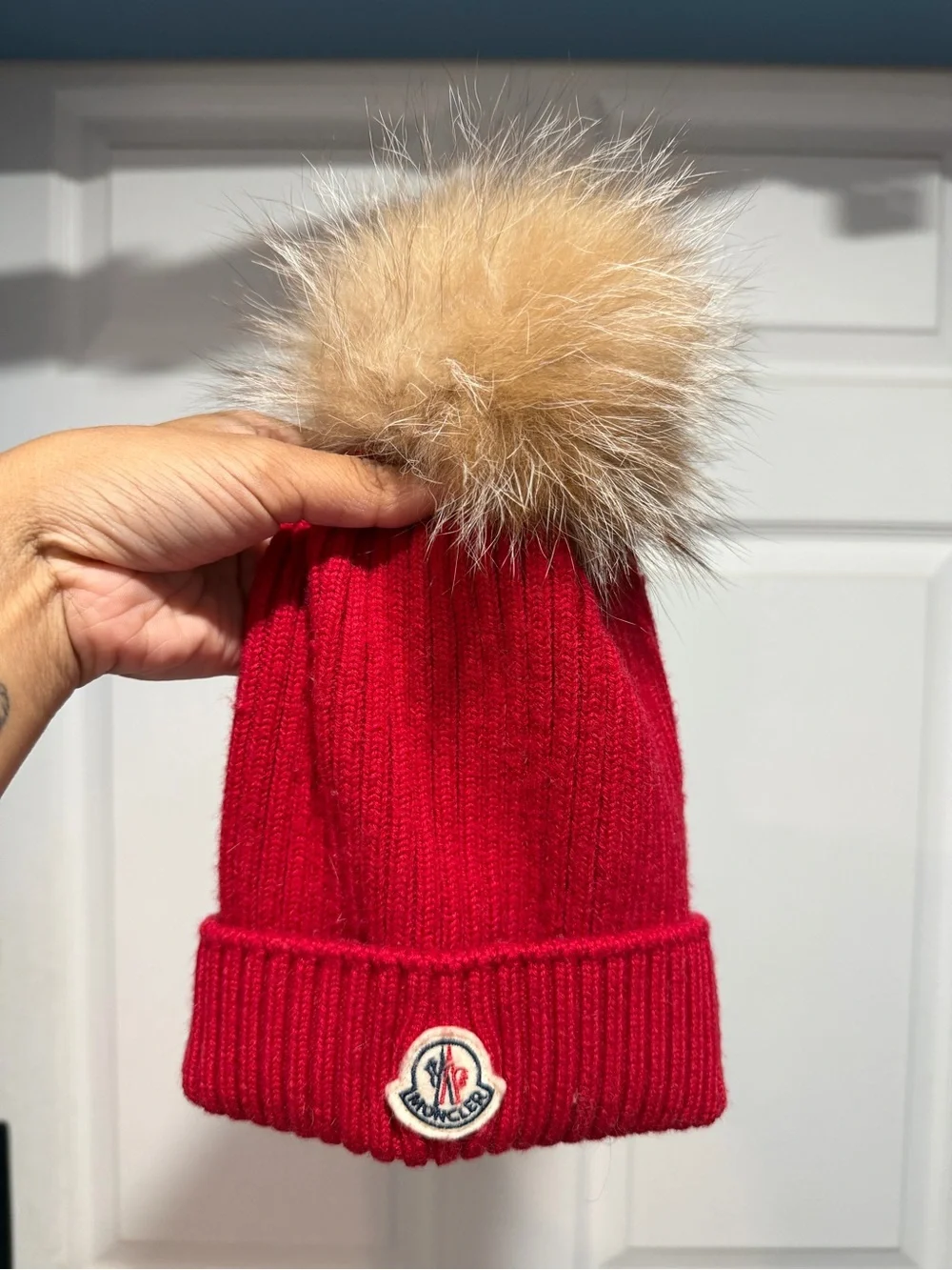 Moncler Kids Red Knit Beanie with Tan Pom